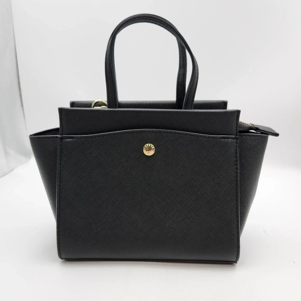 Steve Madden Handbag Womens Black Logo Saffiano‎ Faux Leather Double Handle Bag